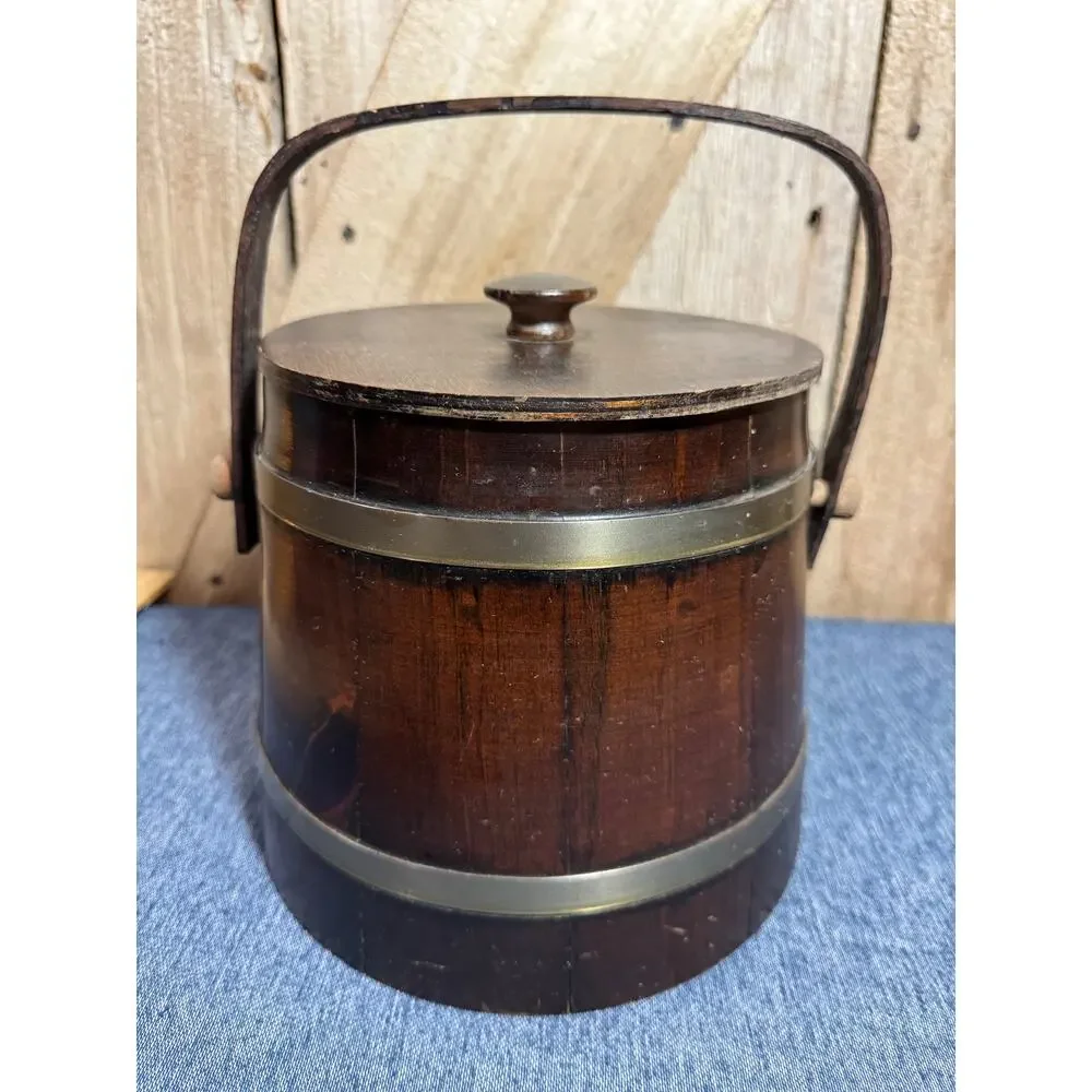 Vtg MCM Firkin Wood Ice Bucket by Putney Vermont Basketville Handle, Lid & Liner